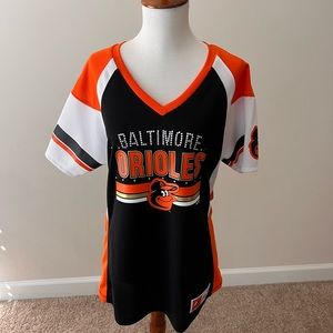 Women’s Majestic V-neck Orioles baseball shirt with BLING